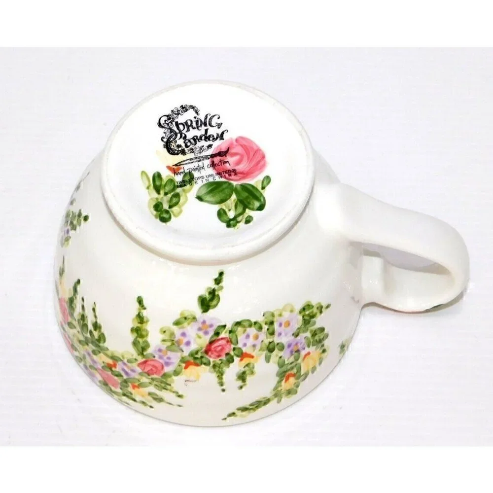 TABLETOPS UNLIMITED 16 oz coffee, tea cup, Spring Garden with vintage spoon